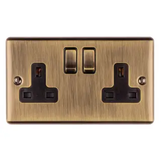 EN2SOABB - Eurolite 2 Gang 13Amp DP Switched Socket Antique Brass with Black Trim (Enhance Range)