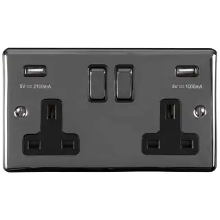 EN2USBBNB - Eurolite 2 Gang 13Amp Switched Socket with Comb 3.1 Amp USB Outlets Black Nickel with Black Trim (Enhance Range)