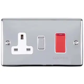 EN45ASWASPCW - Eurolite 45Amp DP Cooker Switch with 13Amp Socket Polished Chrome with White Trim (Enhance Range)