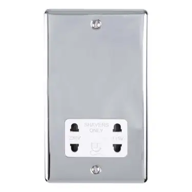 Click Here To Enlarge This Photo Of ENSHSPCW - Eurolite 2 Gang Shaver Socket 230/115V Polished Chrome with White Trim (Enhance Range)