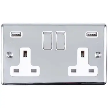 Click Here To Enlarge This Photo Of EN2USBPCW - Eurolite 2 Gang 13Amp Switched Socket with Comb 3.1 Amp USB Outlets Polished Chrome with White Trim (Enhance Range)