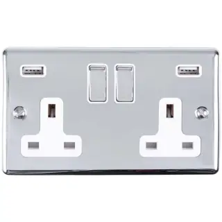 EN2USBPCW - Eurolite 2 Gang 13Amp Switched Socket with Comb 3.1 Amp USB Outlets Polished Chrome with White Trim (Enhance Range)