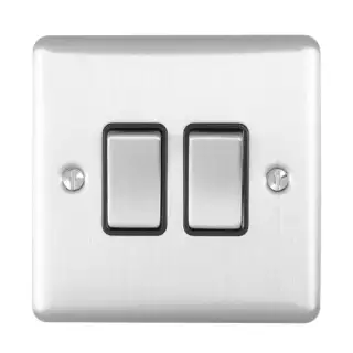 EN2SWSSB - Eurolite 2 Gang 10Amp 2Way Switch Satin Stainless Steel with Black Trim (Enhance Range)