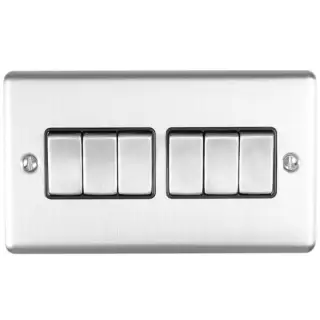 EN6SWSSB - Eurolite 6 Gang 10Amp 2Way Switch Satin Stainless Steel with Black Trim (Enhance Range)