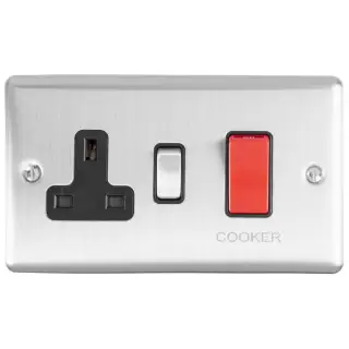 EN45ASWASSSB - Eurolite 45Amp DP Cooker Switch with 13Amp Socket Satin Stainless Steel with Black Trim (Enhance Range)