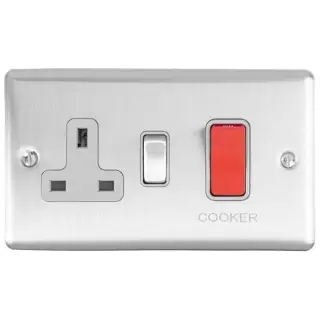 EN45ASWASSSG - Eurolite 45Amp DP Cooker Switch with 13Amp Socket Satin Stainless Steel with Grey Trim (Enhance Range)