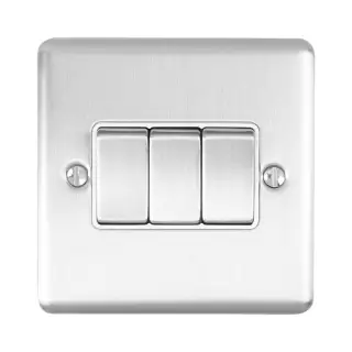 EN3SWSSW - Eurolite 3 Gang 10Amp 2Way Switch Satin Stainless Steel with White Trim (Enhance Range)