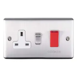 EN45ASWASSSW - Eurolite 45Amp DP Cooker Switch with 13Amp Socket Satin Stainless Steel with White Trim (Enhance Range)