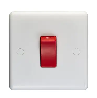 Click Here To Enlarge This Photo Of PL3270 - Eurolite Enhance White Plastic 45Amp 1 Gang 2 Way DP Single Switch Plate with Red Rocker