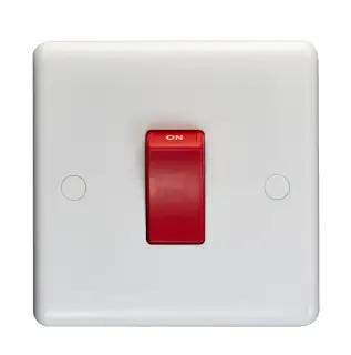 PL3270 - Eurolite Enhance White Plastic 45Amp 1 Gang 2 Way DP Single Switch Plate with Red Rocker