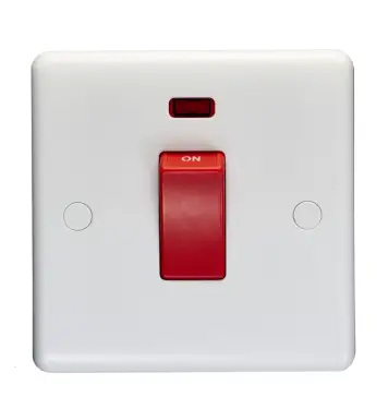 Click Here To Enlarge This Photo Of PL3271 - Eurolite Enhance White Plastic 45Amp 1 Gang 2 Way DP Single Switch Plate with Red Rocker & Neon Indicator