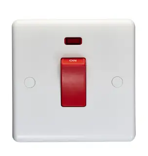 PL3271 - Eurolite Enhance White Plastic 45Amp 1 Gang 2 Way DP Single Switch Plate with Red Rocker & Neon Indicator
