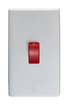 Click Here To Enlarge This Photo Of PL3290 - Eurolite Enhance White Plastic 45Amp 1 Gang 2 Way DP Double Switch Plate with Red Rocker