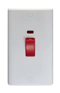 Click Here To Enlarge This Photo Of PL3291 - Eurolite Enhance White Plastic 45Amp 1 Gang 2 Way DP Double Switch Plate with Red Rocker & Neon Indicator