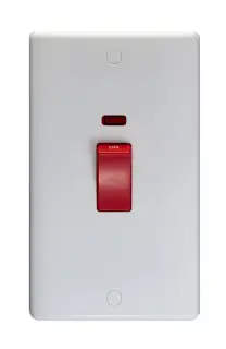 PL3291 - Eurolite Enhance White Plastic 45Amp 1 Gang 2 Way DP Double Switch Plate with Red Rocker & Neon Indicator