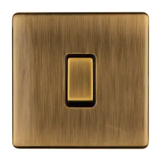 AB1SWB - Eurolite 1 Gang 10Amp 2Way Switch on 3mm Flat Concealed Antique Brass Plate with Matching Rocker