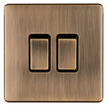 Click Here To Enlarge This Photo Of AB2SWB - Eurolite 2 Gang 10Amp 2Way Switch on 3mm Flat Concealed Antique Brass Plate with Matching Rockers