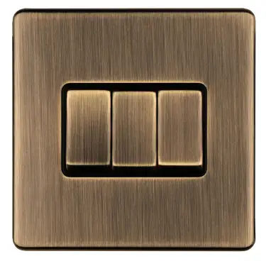 Click Here To Enlarge This Photo Of AB3SWB - Eurolite 3 Gang 10Amp 2Way Switch on 3mm Flat Concealed Antique Brass Plate with Matching Rockers