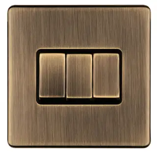 AB3SWB - Eurolite 3 Gang 10Amp 2Way Switch on 3mm Flat Concealed Antique Brass Plate with Matching Rockers