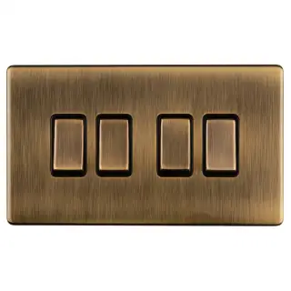 AB4SWB - Eurolite 4 Gang 10Amp 2Way Switch on 3mm Flat Concealed Antique Brass Plate with Matching Rockers