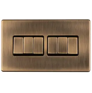 AB6SWB - Eurolite 6 Gang 10Amp 2Way Switch on 3mm Flat Concealed Antique Brass Plate with Matching Rockers