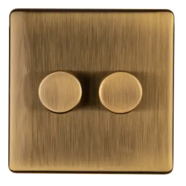 Click Here To Enlarge This Photo Of AB2DLED - Eurolite 2 Gang LED Push On/Off 2Way Dimmer on 3mm Flat Concealed Antique Brass Plate with Matching Knobs