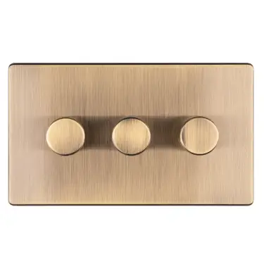 Click Here To Enlarge This Photo Of AB3DLED - Eurolite 3 Gang LED Push On/Off 2Way Dimmer on 3mm Flat Concealed Antique Brass Plate with Matching Knobs