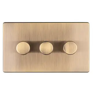 AB3DLED - Eurolite 3 Gang LED Push On/Off 2Way Dimmer on 3mm Flat Concealed Antique Brass Plate with Matching Knobs
