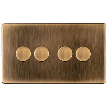 Click Here To Enlarge This Photo Of AB4DLED - Eurolite 4 Gang LED Push On/Off 2Way Dimmer on 3mm Flat Concealed Antique Brass Plate with Matching Knobs