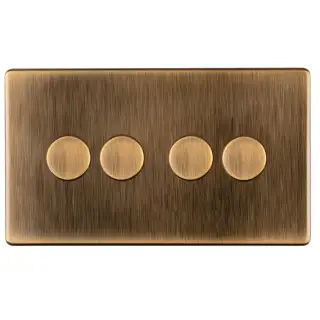 AB4DLED - Eurolite 4 Gang LED Push On/Off 2Way Dimmer on 3mm Flat Concealed Antique Brass Plate with Matching Knobs