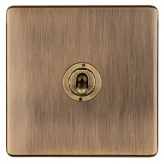 ABT1SW - Eurolite 1 Gang 20Amp 2Way Toggle Switch on 3mm Flat Concealed Antique Brass Plate