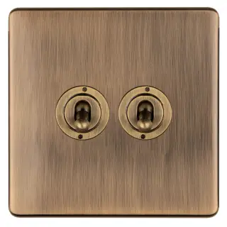 ABT2SW - Eurolite 2 Gang 20Amp 2Way Toggle Switch on 3mm Flat Concealed Antique Brass Plate