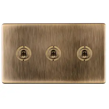 Click Here To Enlarge This Photo Of ABT3SW - Eurolite 3 Gang 20Amp 2Way Toggle Switch on 3mm Flat Concealed Antique Brass Plate