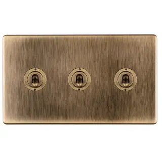 ABT3SW - Eurolite 3 Gang 20Amp 2Way Toggle Switch on 3mm Flat Concealed Antique Brass Plate