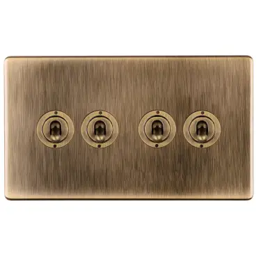 Click Here To Enlarge This Photo Of ABT4SW - Eurolite 4 Gang 20Amp 2Way Toggle Switch on 3mm Flat Concealed Antique Brass Plate