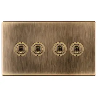 ABT4SW - Eurolite 4 Gang 20Amp 2Way Toggle Switch on 3mm Flat Concealed Antique Brass Plate