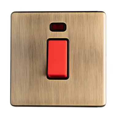 Click Here To Enlarge This Photo Of AB45ASWNSB - Eurolite 1 Gang 45Amp DP Switch with Neon Indicator on 3mm Flat Concealed Antique Brass Plate with Red Rocker