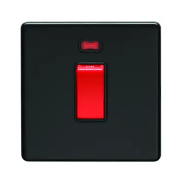 Click Here To Enlarge This Photo Of ECMB45ASWNSB - Eurolite 1 Gang 45Amp DP Switch with Neon Indicator on 3mm Flat Concealed Matt Black Plate with Red Rocker
