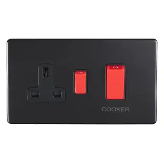 ECMB45ASWASB - Eurolite 45Amp DP Cooker Switch with 13Amp Socket on 3mm Flat Concealed Matt Black Plate with Red Rockers