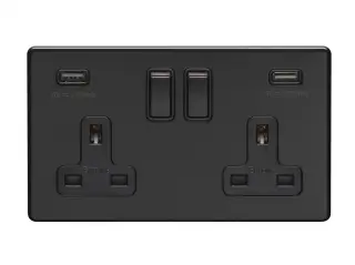 ECMB2USBB - Eurolite 2 Gang 13Amp DP Switched Socket with Combined 3.1 Amp USB Outlets on 3mm Flat Concealed Matt Black Plate with Black Rockers