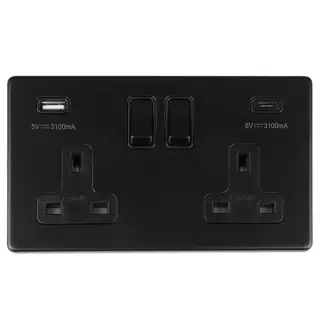 ECMB2USBCB - Eurolite 2 Gang 13Amp DP Switched Socket with 3.1Amp USB Outlets (1x Type A + 1x Type C) on 3mm Flat Concealed Matt Black Plate with Black Rockers