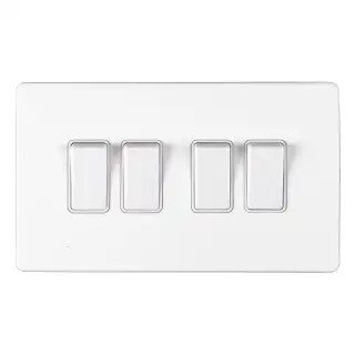 ECW4SWW - Eurolite 4 Gang 10Amp 2Way Switch on 3mm Flat Concealed Matt White Plate with White Rockers