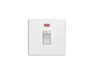 ECW20ADPSWNW - Eurolite 1 Gang 20Amp DP Switch with Neon Indicator on 3mm Flat Concealed Matt White Plate with White Rocker