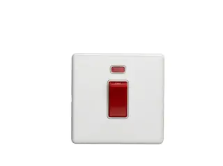 ECW45ASWNSW - Eurolite 1 Gang 45Amp DP Switch with Neon Indicator on 3mm Flat Concealed Matt White Plate with White Rocker