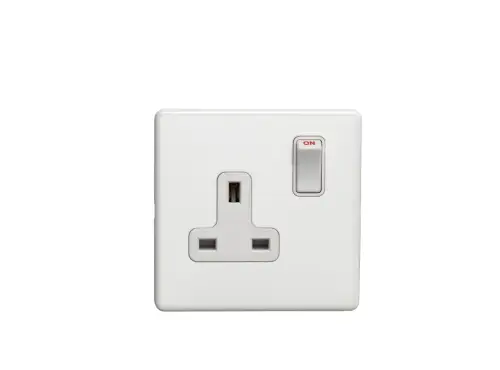 Click Here To Enlarge This Photo Of ECW1SOW - Eurolite 1 Gang 13Amp DP Switched Socket on 3mm Flat Concealed Matt White Plate with White Rocker