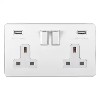 ECW2USBW - Eurolite 2 Gang 13Amp DP Switched Socket with Combined 3.1 Amp USB Outlets on 3mm Flat Concealed Matt White Plate with White Rockers