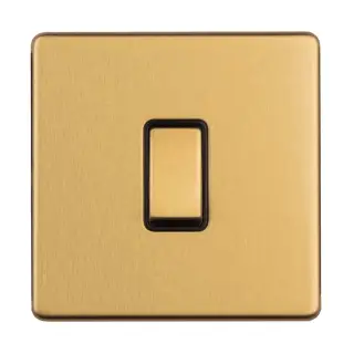 ECSB1SWB - Eurolite 1 Gang 10Amp 2Way Switch on 3mm Flat Concealed Satin Brass Plate with Black Rocker