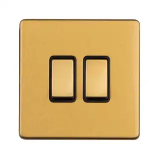 ECSB2SWB - Eurolite 2 Gang 10Amp 2Way Switch on 3mm Flat Concealed Satin Brass Plate with Black Rockers