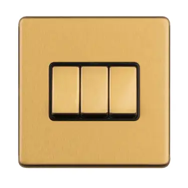 Click Here To Enlarge This Photo Of ECSB3SWB - Eurolite 3 Gang 10Amp 2Way Switch on 3mm Flat Concealed Satin Brass Plate with Black Rockers