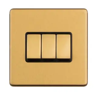 ECSB3SWB - Eurolite 3 Gang 10Amp 2Way Switch on 3mm Flat Concealed Satin Brass Plate with Black Rockers